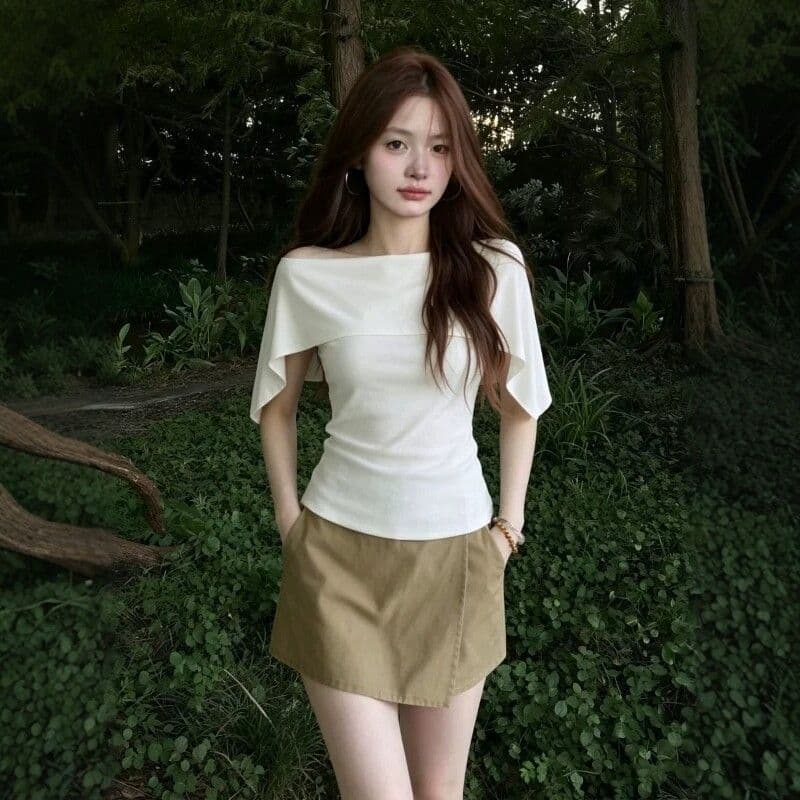 순면 2026 새로운 익스트림 제인 숄 보트넥 니트 스웨터 맨위 품격 망토 페이크 레이어드 반팔 티셔츠 상세 이미지 6