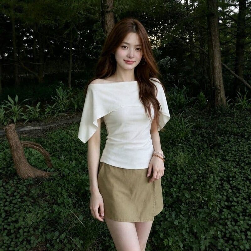 순면 2026 새로운 익스트림 제인 숄 보트넥 니트 스웨터 맨위 품격 망토 페이크 레이어드 반팔 티셔츠 상세 이미지 7