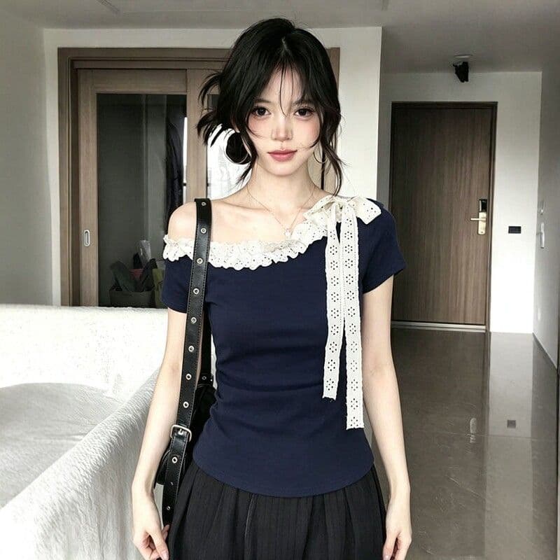 2026 프랑스식 달콤함 Chic 레이스 스트랩 디자인 센스 맨위 여름 슬림해 보이는 오프숄더 반팔 티셔츠 여성 상세 이미지 6