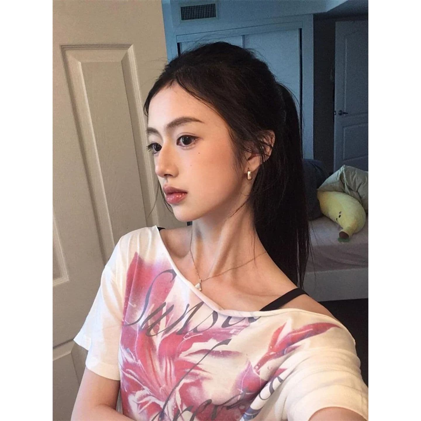 경관 그림 원본 품질 달콤함 소녀 오프숄더 티셔츠 여성 프린트 반팔 맨위 이미지 4