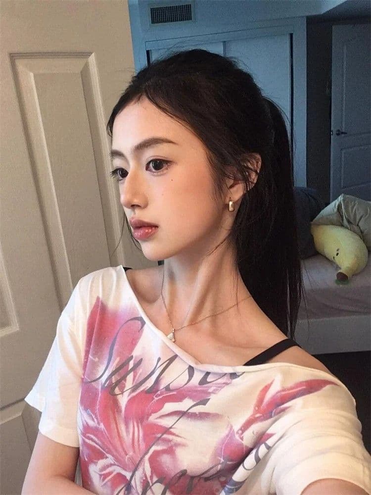 경관 그림 원본 품질 달콤함 소녀 오프숄더 티셔츠 여성 프린트 반팔 맨위 상세 이미지 6