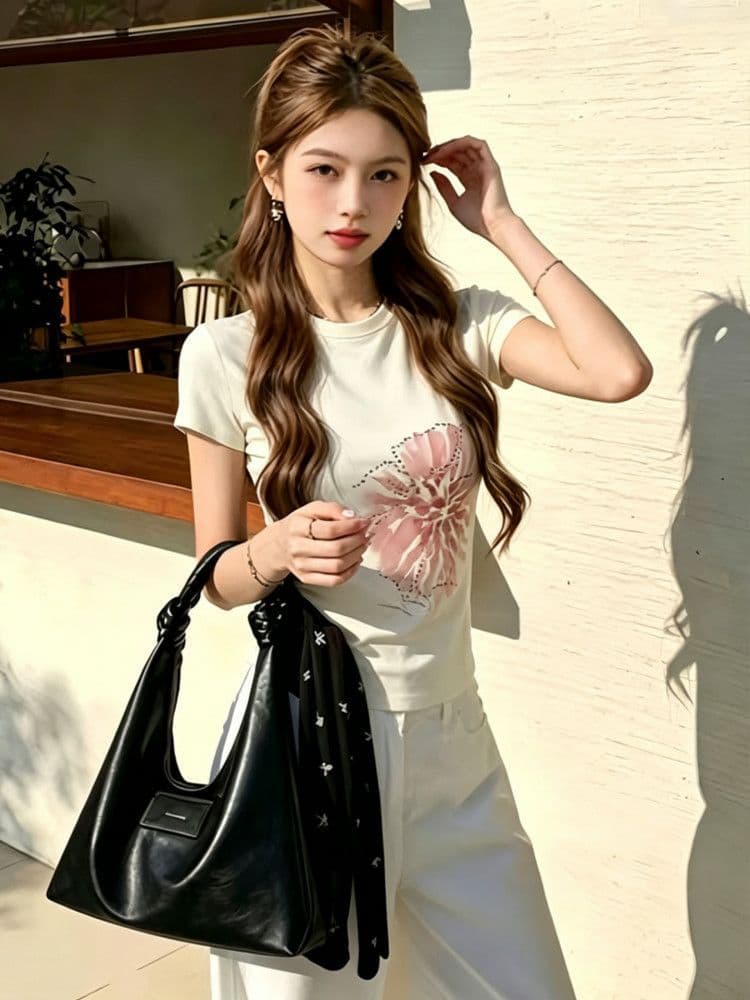 210 그램 40 좋은 면 1 1 프랑스식 부드러운 바람 프린트 핫픽스 쇼트 스타일 티셔츠 여성 새로운 몸매 가꾸기 만나는 트렌디 이미지 4
