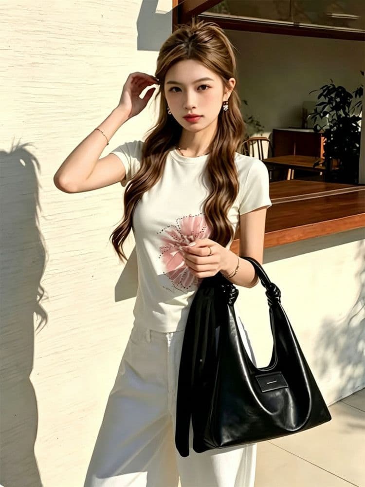 210 그램 40 좋은 면 1 1 프랑스식 부드러운 바람 프린트 핫픽스 쇼트 스타일 티셔츠 여성 새로운 몸매 가꾸기 만나는 트렌디 이미지 2