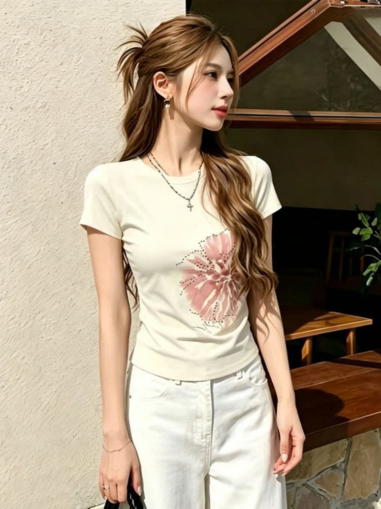 210 그램 40 좋은 면 1 1 프랑스식 부드러운 바람 프린트 핫픽스 쇼트 스타일 티셔츠 여성 새로운 몸매 가꾸기 만나는 트렌디 상세 이미지 2