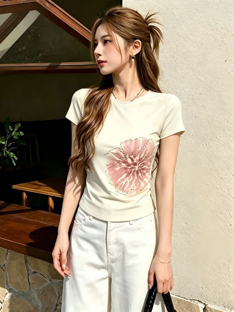 210 그램 40 좋은 면 1 1 프랑스식 부드러운 바람 프린트 핫픽스 쇼트 스타일 티셔츠 여성 새로운 몸매 가꾸기 만나는 트렌디 상세 이미지 4