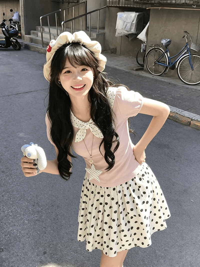 경관 그림 1 1 40 순면 평직 핑크색 도트 무늬 나비 매듭 베이비 칼라 슬림해 보이는 다용도 맨위 여성 여름 상세 이미지 4