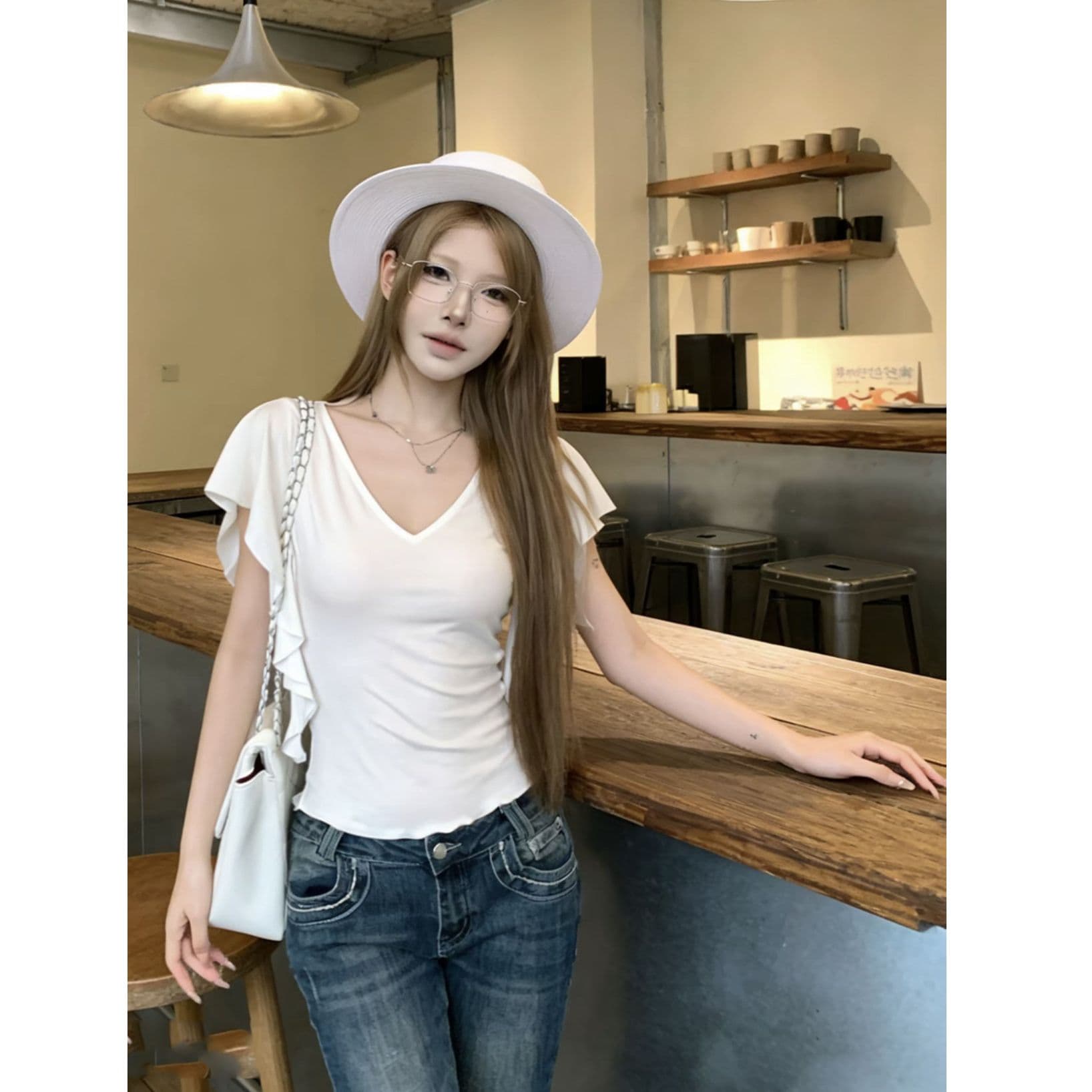260 그램 사람들 면 작은 날다 소매 V넥 반팔 티셔츠 여성 몸매 가꾸기 슬림해 보이는 다용도 순수한 욕망 핫걸 여름 맨위