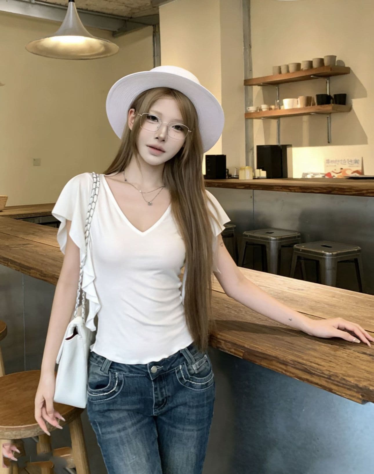 260 그램 사람들 면 작은 날다 소매 V넥 반팔 티셔츠 여성 몸매 가꾸기 슬림해 보이는 다용도 순수한 욕망 핫걸 여름 맨위 상세 이미지 5
