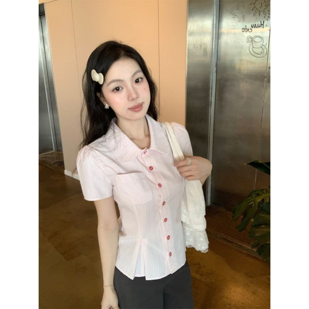 한국 스타일 학원 스타일 핑크색 스트라이프 주머니 여성 셔츠 작은 대중 디자인 라인 트임 밑단 반팔 여름 새로운 상세 이미지 2