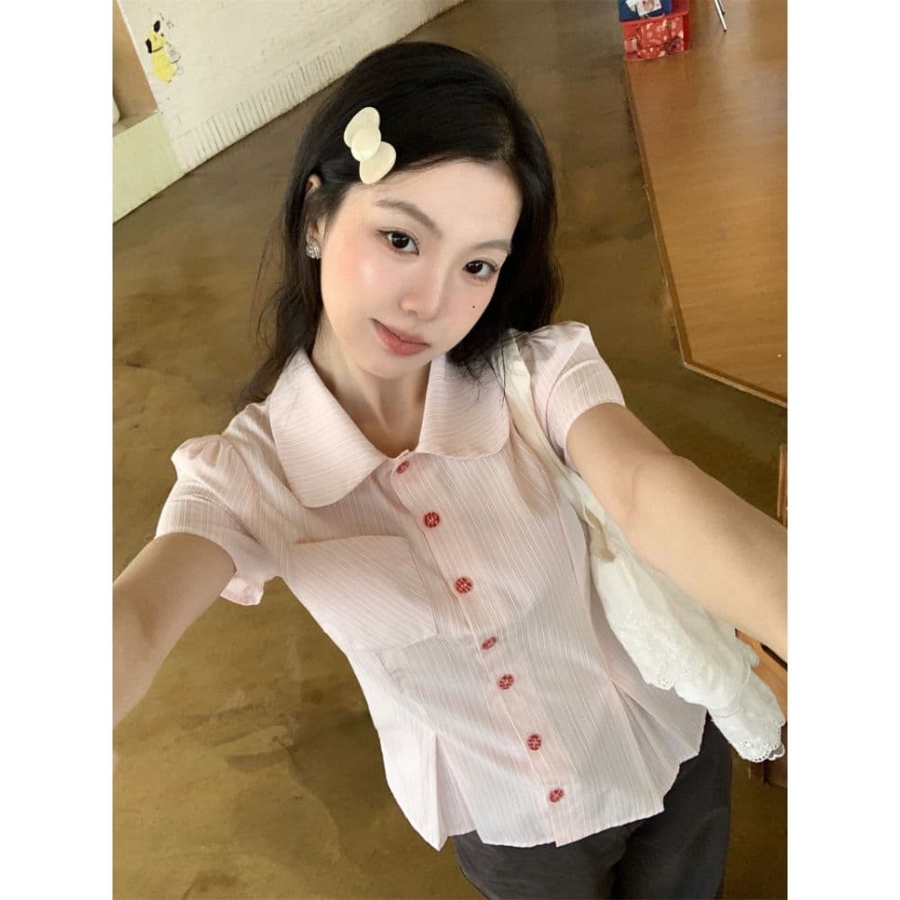 한국 스타일 학원 스타일 핑크색 스트라이프 주머니 여성 셔츠 작은 대중 디자인 라인 트임 밑단 반팔 여름 새로운 상세 이미지 3