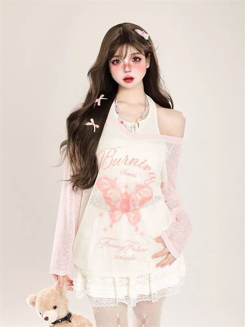 원본 원단 나비 프린트 긴팔 티셔츠 블라우스 얇은 스타일 느긋한 루즈핏 오프숄더 자외선 차단 맨위