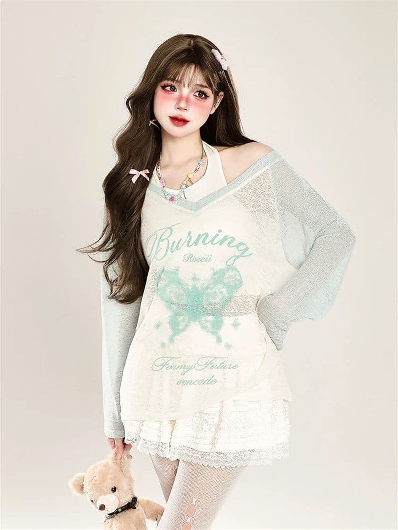 원본 원단 나비 프린트 긴팔 티셔츠 블라우스 얇은 스타일 느긋한 루즈핏 오프숄더 자외선 차단 맨위 상세 이미지 5