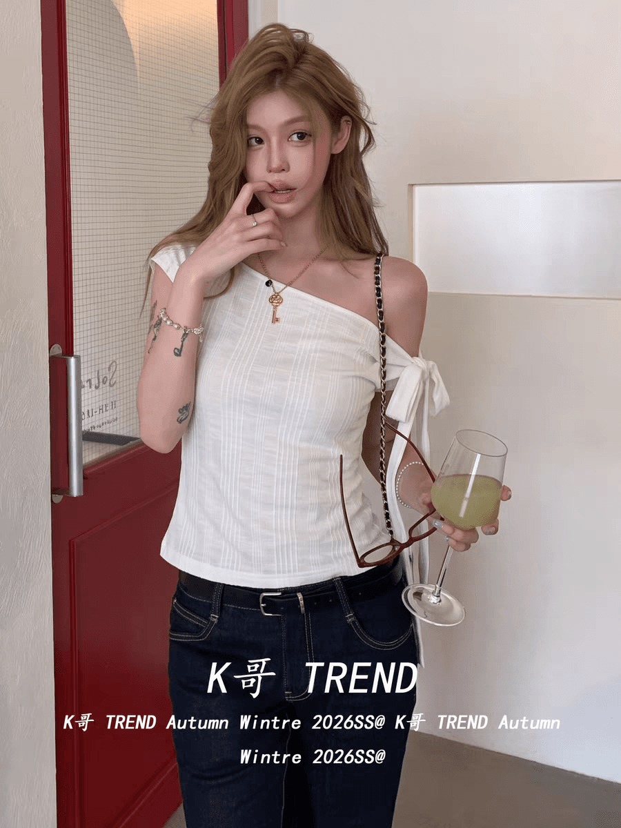 원본 원단 불규칙 구덩이 기사 230 크 작은 대중 불규칙 비스듬한 어깨 반팔 티셔츠 여성 셔츠 상세 이미지 5