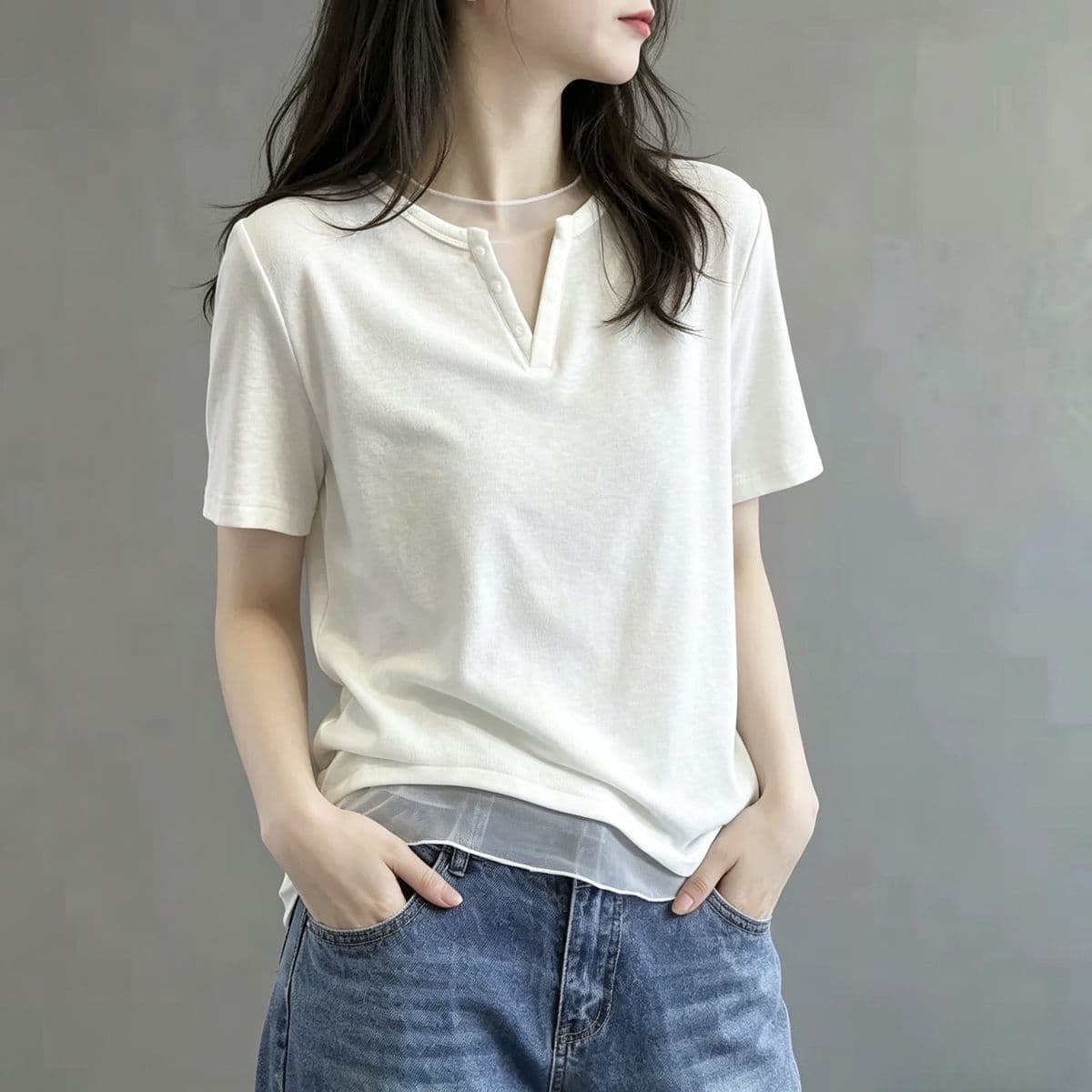 230 톰 글 래 면 리브 45 라이 경기 서울 45 면 10 암모니아 Lun 망사 패치워크 V넥 반팔 티셔츠 여성 여름 맨위