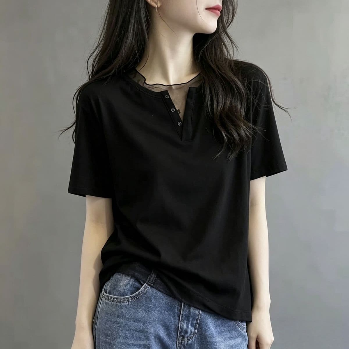 230 톰 글 래 면 리브 45 라이 경기 서울 45 면 10 암모니아 Lun 망사 패치워크 V넥 반팔 티셔츠 여성 여름 맨위 이미지 2