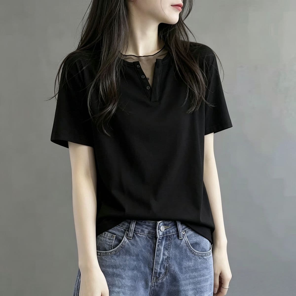 230 톰 글 래 면 리브 45 라이 경기 서울 45 면 10 암모니아 Lun 망사 패치워크 V넥 반팔 티셔츠 여성 여름 맨위 이미지 3