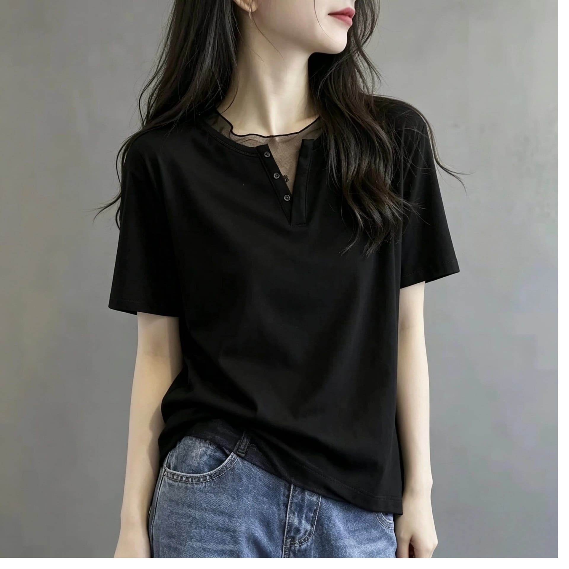 230 톰 글 래 면 리브 45 라이 경기 서울 45 면 10 암모니아 Lun 망사 패치워크 V넥 반팔 티셔츠 여성 여름 맨위 상세 이미지 2
