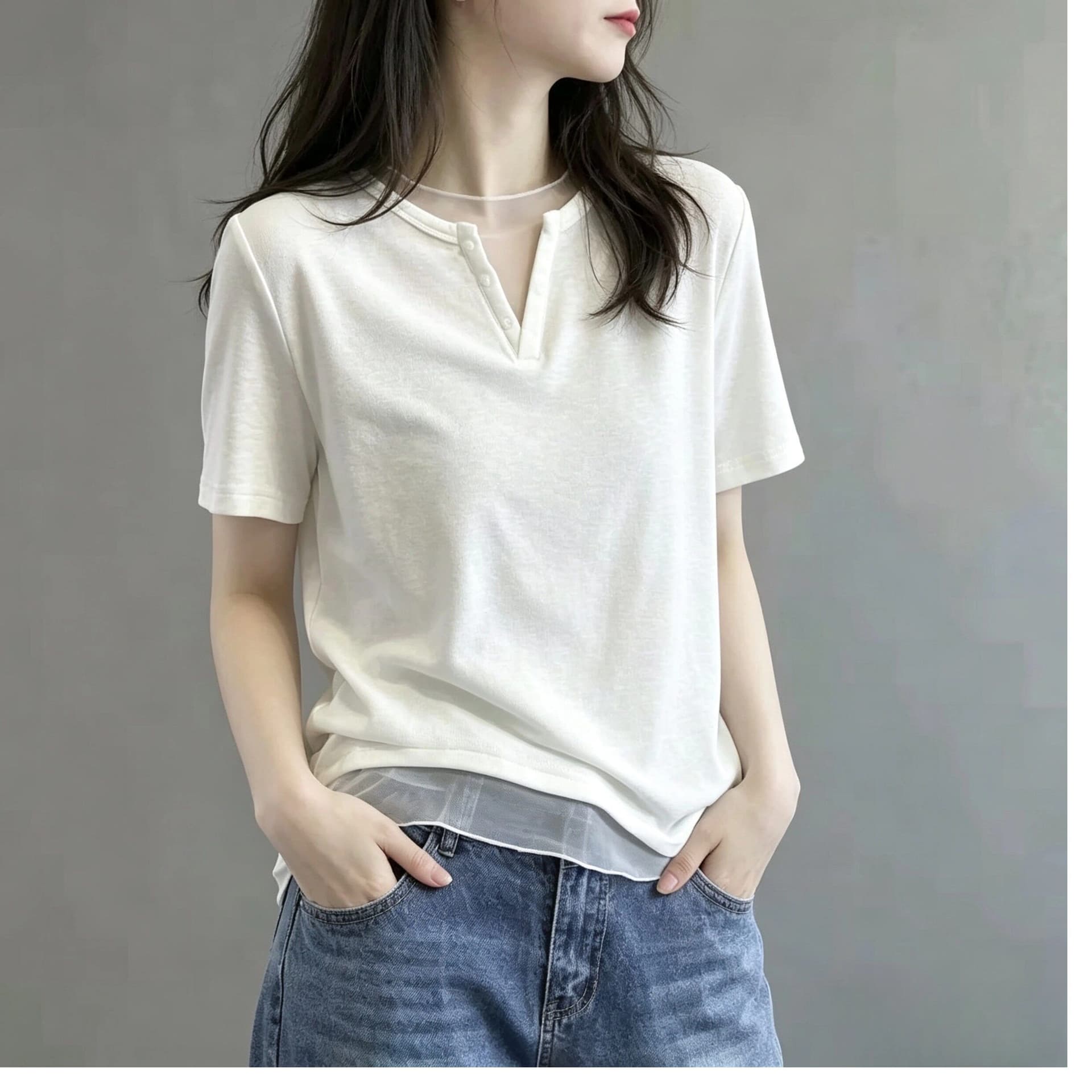 230 톰 글 래 면 리브 45 라이 경기 서울 45 면 10 암모니아 Lun 망사 패치워크 V넥 반팔 티셔츠 여성 여름 맨위 상세 이미지 3