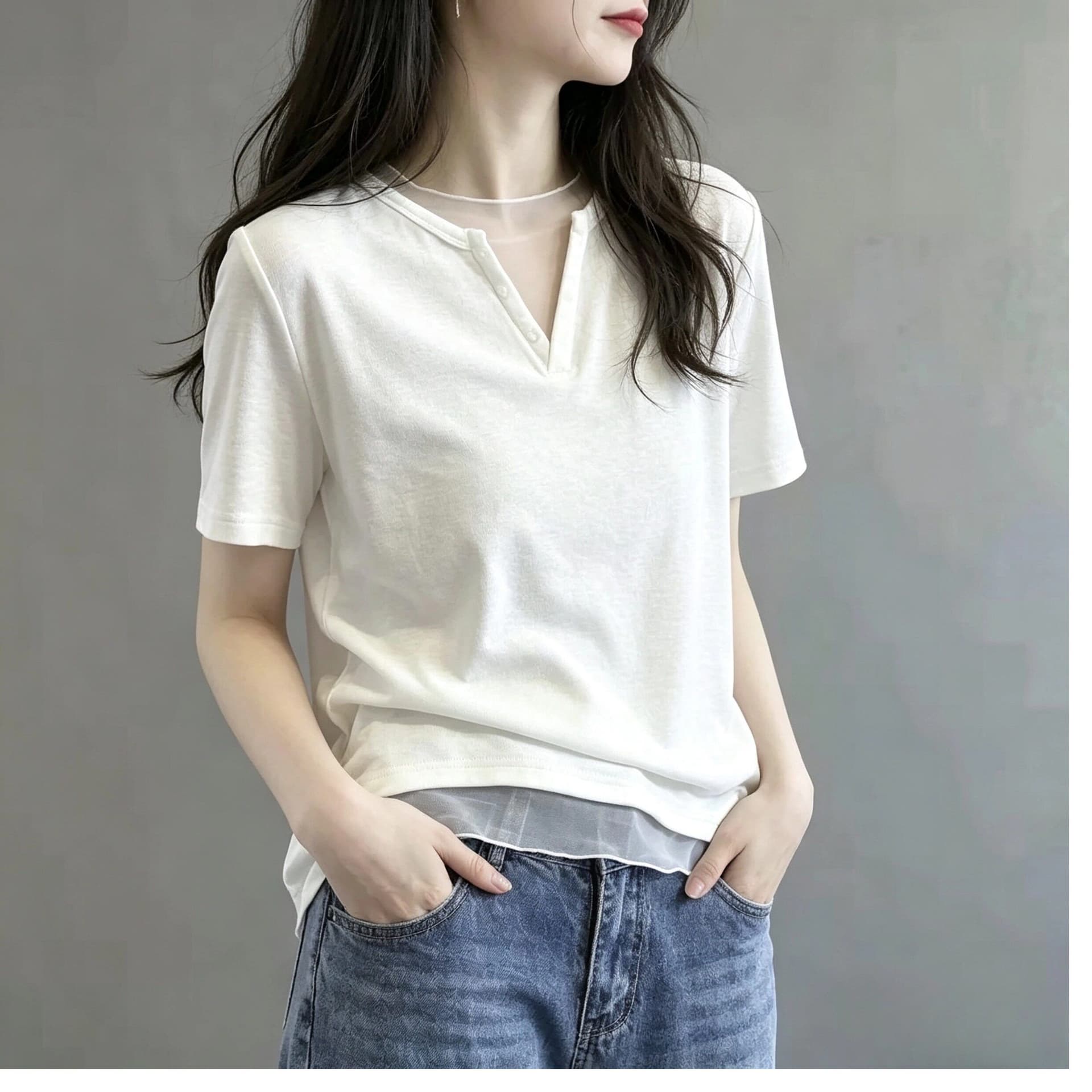 230 톰 글 래 면 리브 45 라이 경기 서울 45 면 10 암모니아 Lun 망사 패치워크 V넥 반팔 티셔츠 여성 여름 맨위 상세 이미지 5