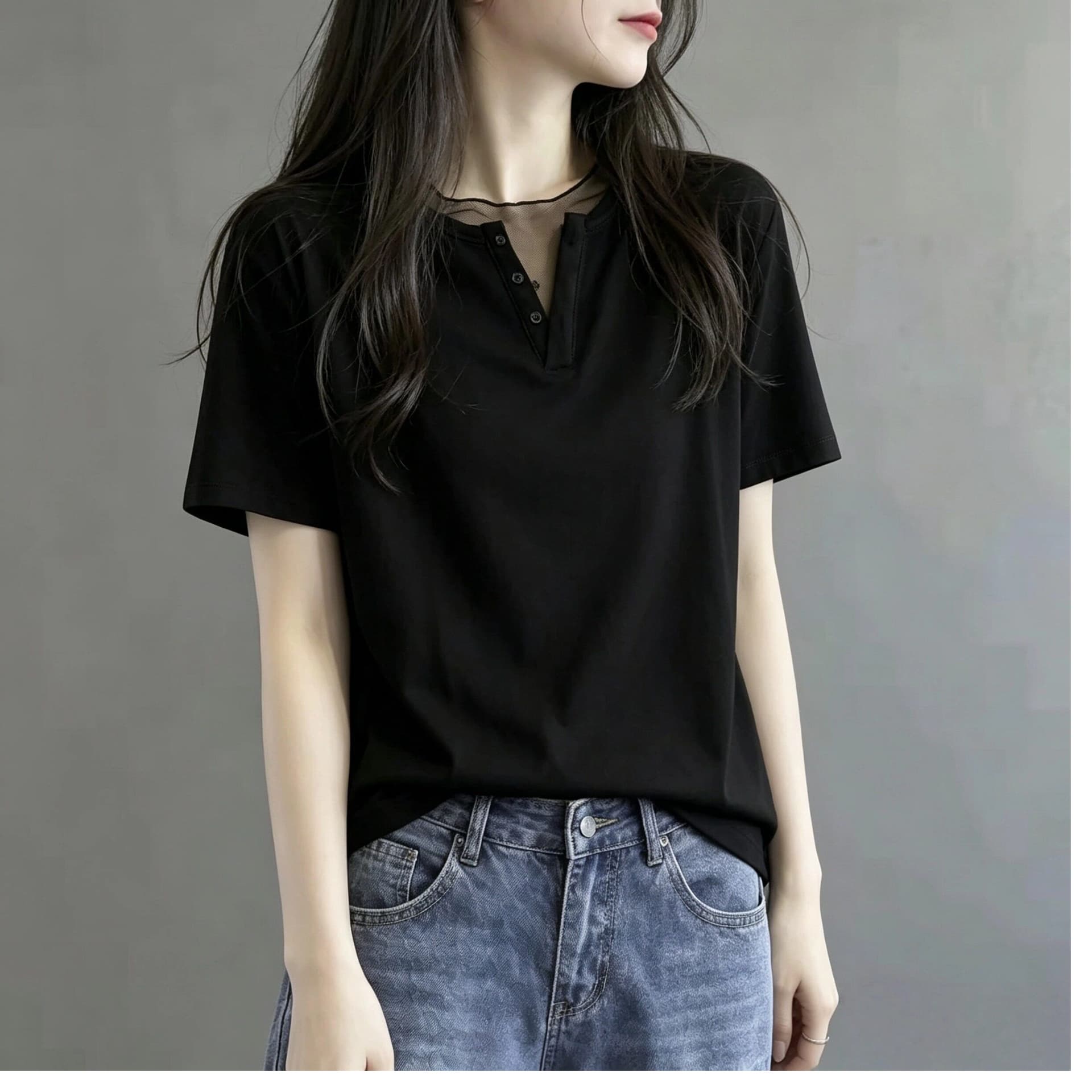 230 톰 글 래 면 리브 45 라이 경기 서울 45 면 10 암모니아 Lun 망사 패치워크 V넥 반팔 티셔츠 여성 여름 맨위 상세 이미지 6