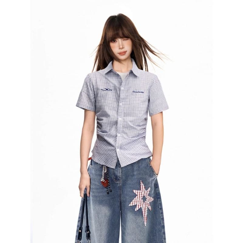 파란색 체크무늬 긍정적 인 어깨 반팔 여성 셔츠 여름 아메리칸 쇼트 스타일 몸매 가꾸기 POLO 칼라 반팔 셔츠 맨위 이미지 4