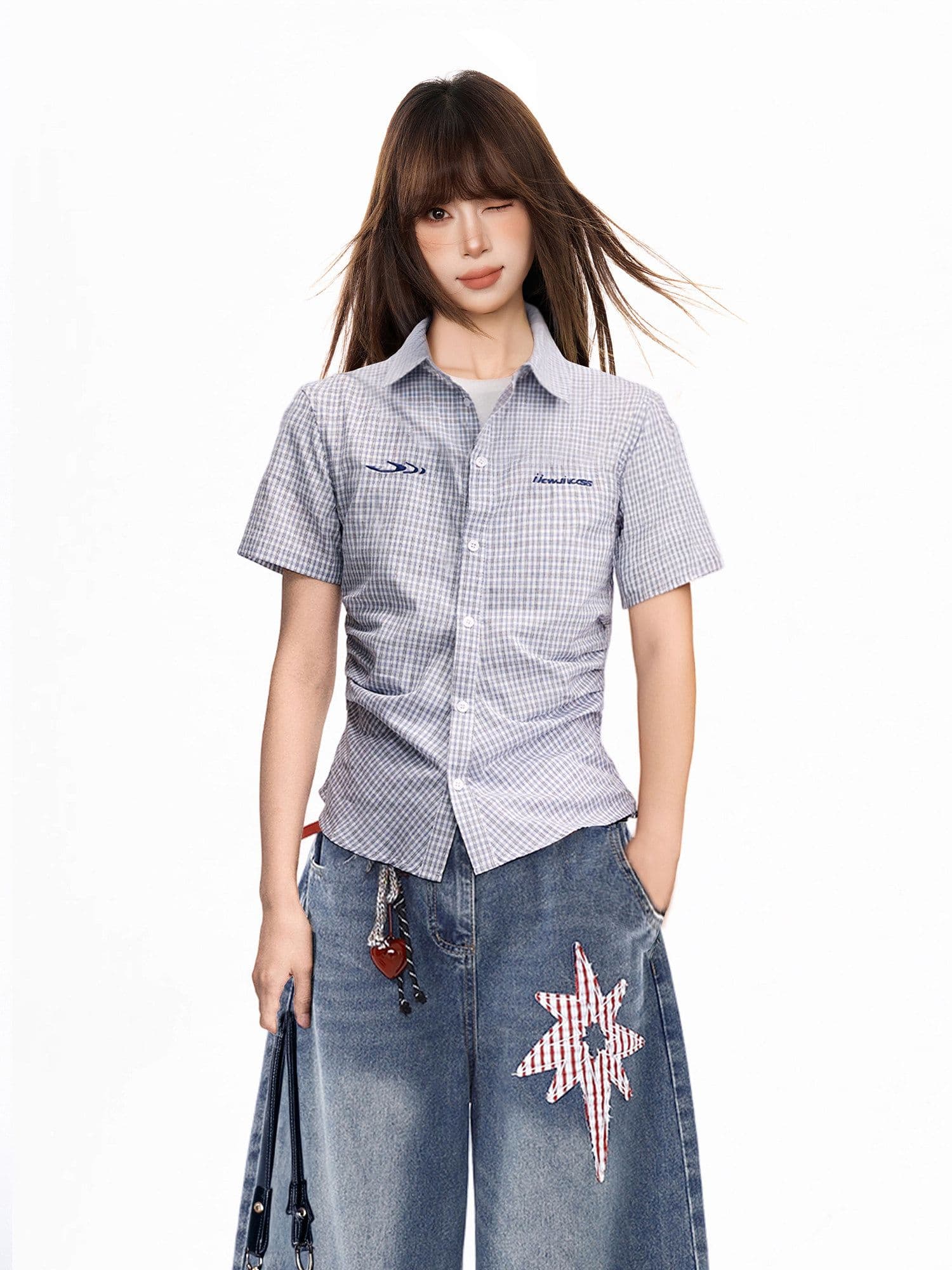 파란색 체크무늬 긍정적 인 어깨 반팔 여성 셔츠 여름 아메리칸 쇼트 스타일 몸매 가꾸기 POLO 칼라 반팔 셔츠 맨위 상세 이미지 6
