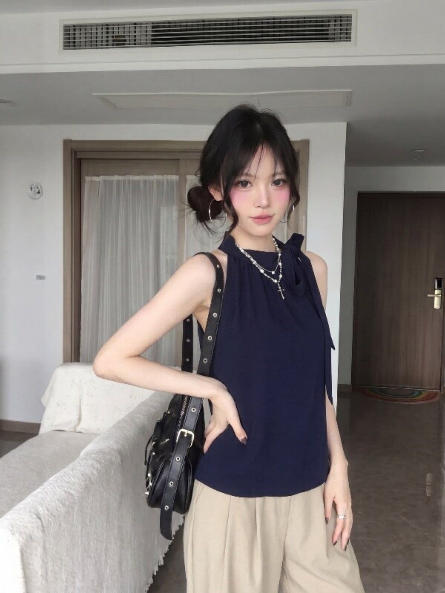 해군 레이스업 행침 목 캐미솔 여름 고급 센스 몸매 가꾸기 슬림해 보이는 섹시함 핫걸 외출용 민소매 맨위 이미지 3