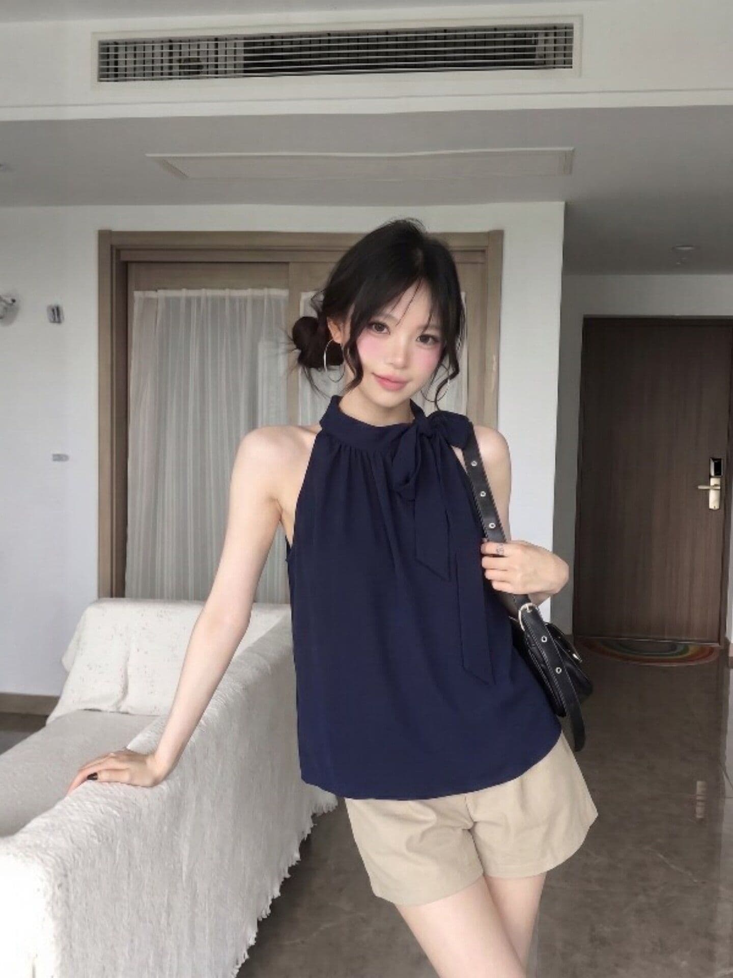 해군 레이스업 행침 목 캐미솔 여름 고급 센스 몸매 가꾸기 슬림해 보이는 섹시함 핫걸 외출용 민소매 맨위 상세 이미지 3