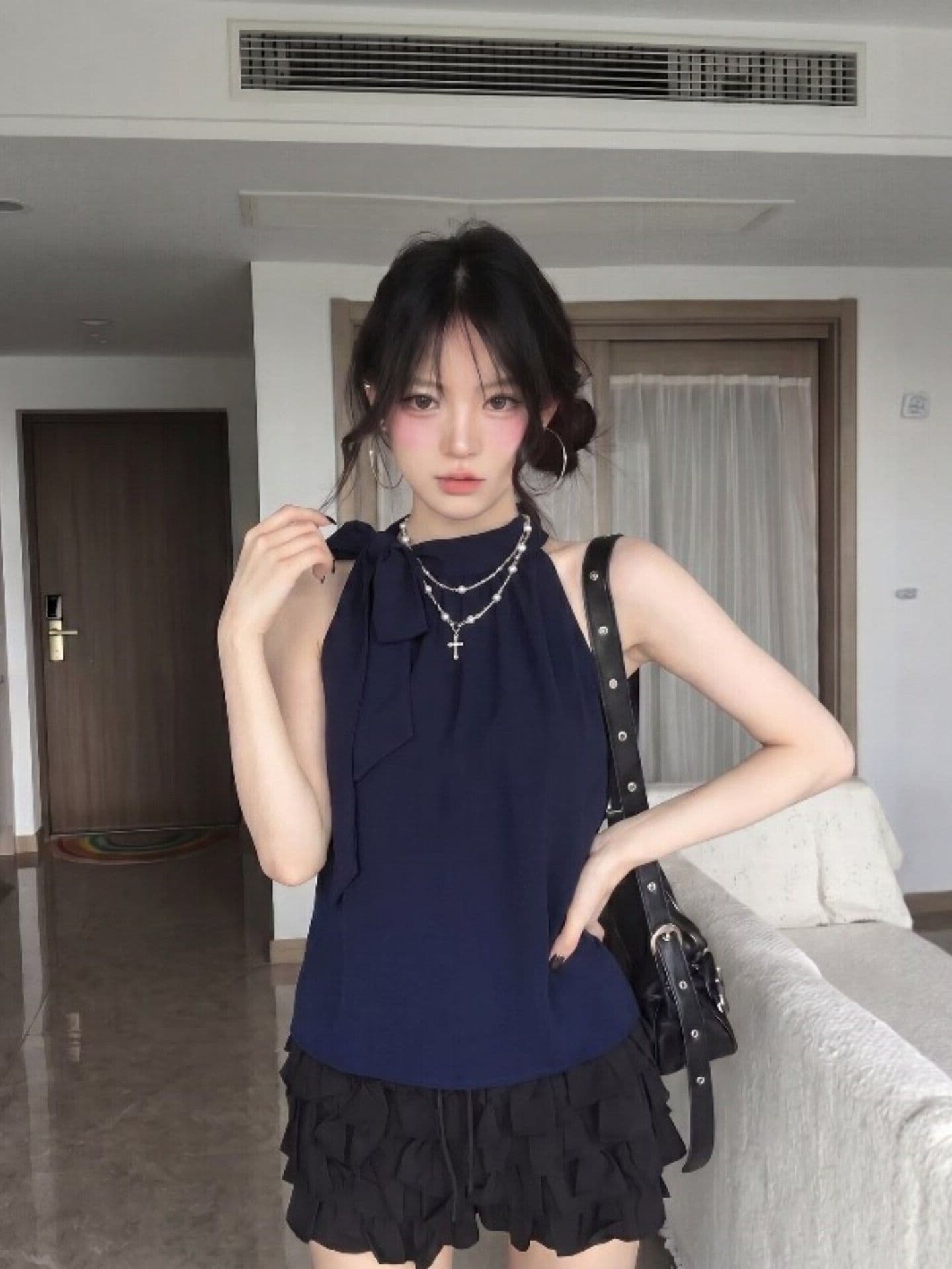 해군 레이스업 행침 목 캐미솔 여름 고급 센스 몸매 가꾸기 슬림해 보이는 섹시함 핫걸 외출용 민소매 맨위 상세 이미지 4