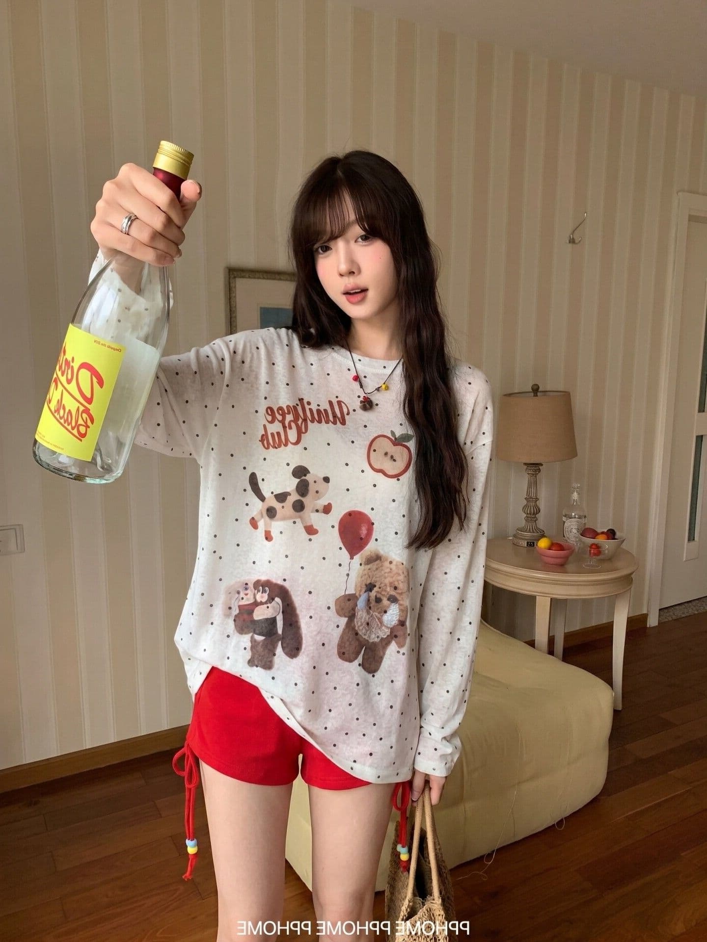 라이 경기 서울 재미있는 프린트 긴팔 티셔츠 블라우스 여성 여름 착용 가져 가라. 디자인 센스 레이스업 빨간색 반바지 투피스 세트 이미지 4