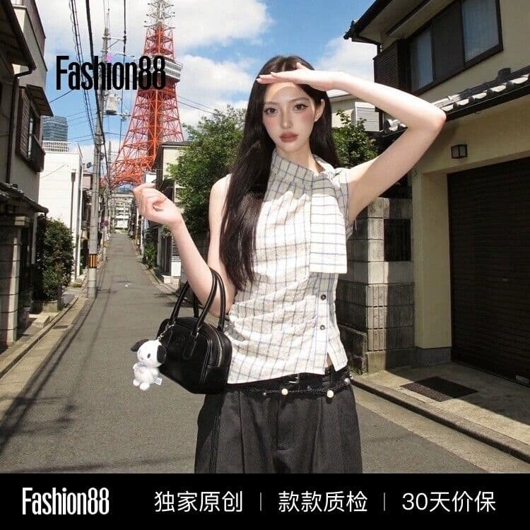 여름 체크무늬 작은 터틀넥 레이스업 허리 수축 맨위 여성 새로운 슬림해 보이는 품격 다용도 셔츠 이리저리 떠다니다 번쩍였다 조각 옷 상세 이미지 3