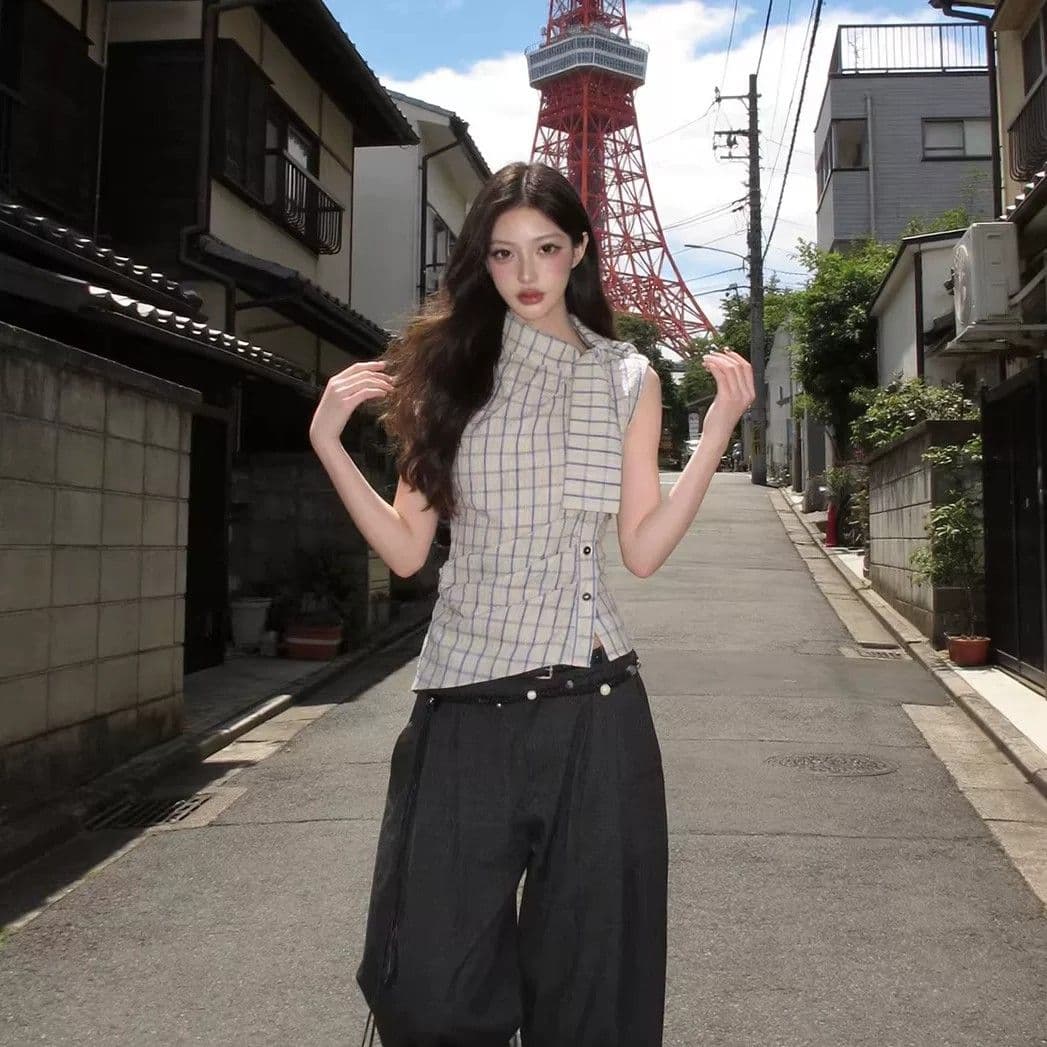 여름 체크무늬 작은 터틀넥 레이스업 허리 수축 맨위 여성 새로운 슬림해 보이는 품격 다용도 셔츠 이리저리 떠다니다 번쩍였다 조각 옷 상세 이미지 7