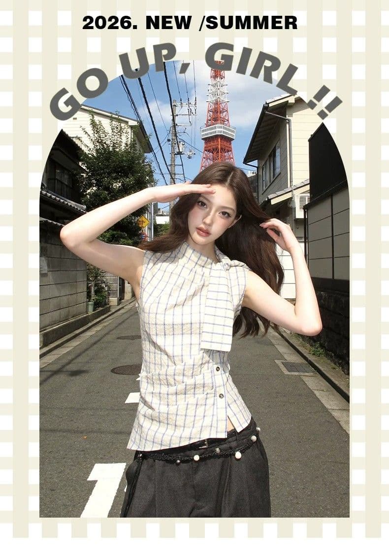 여름 체크무늬 작은 터틀넥 레이스업 허리 수축 맨위 여성 새로운 슬림해 보이는 품격 다용도 셔츠 이리저리 떠다니다 번쩍였다 조각 옷 상세 이미지 8