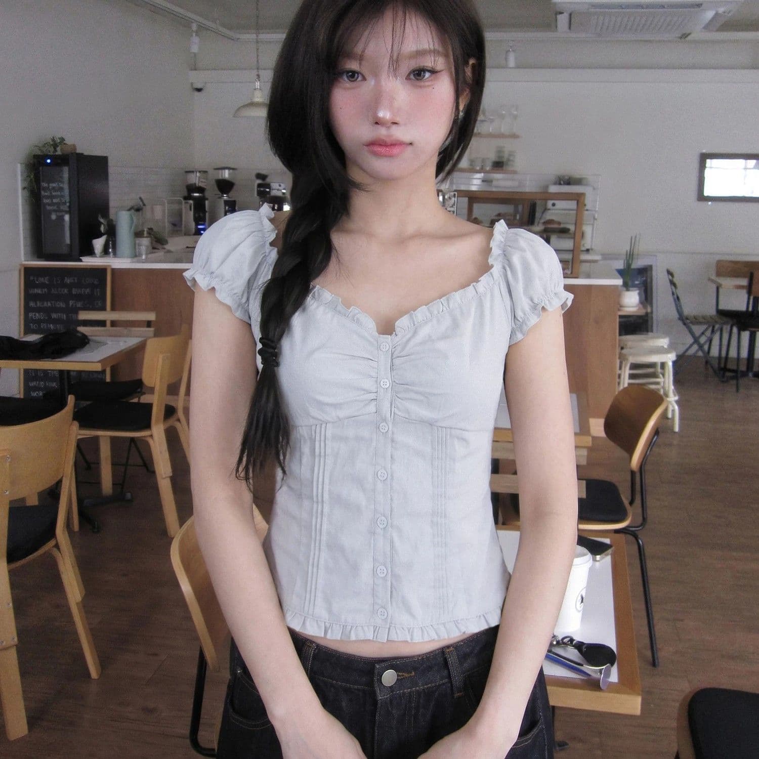 프랑스식 프릴 광장 칼라 거품 소매 셔츠 반팔 티셔츠 여성 여름 품격 작은 셔츠 몸매 가꾸기 쇼트 스타일 허리 수축 맨위 이미지 4