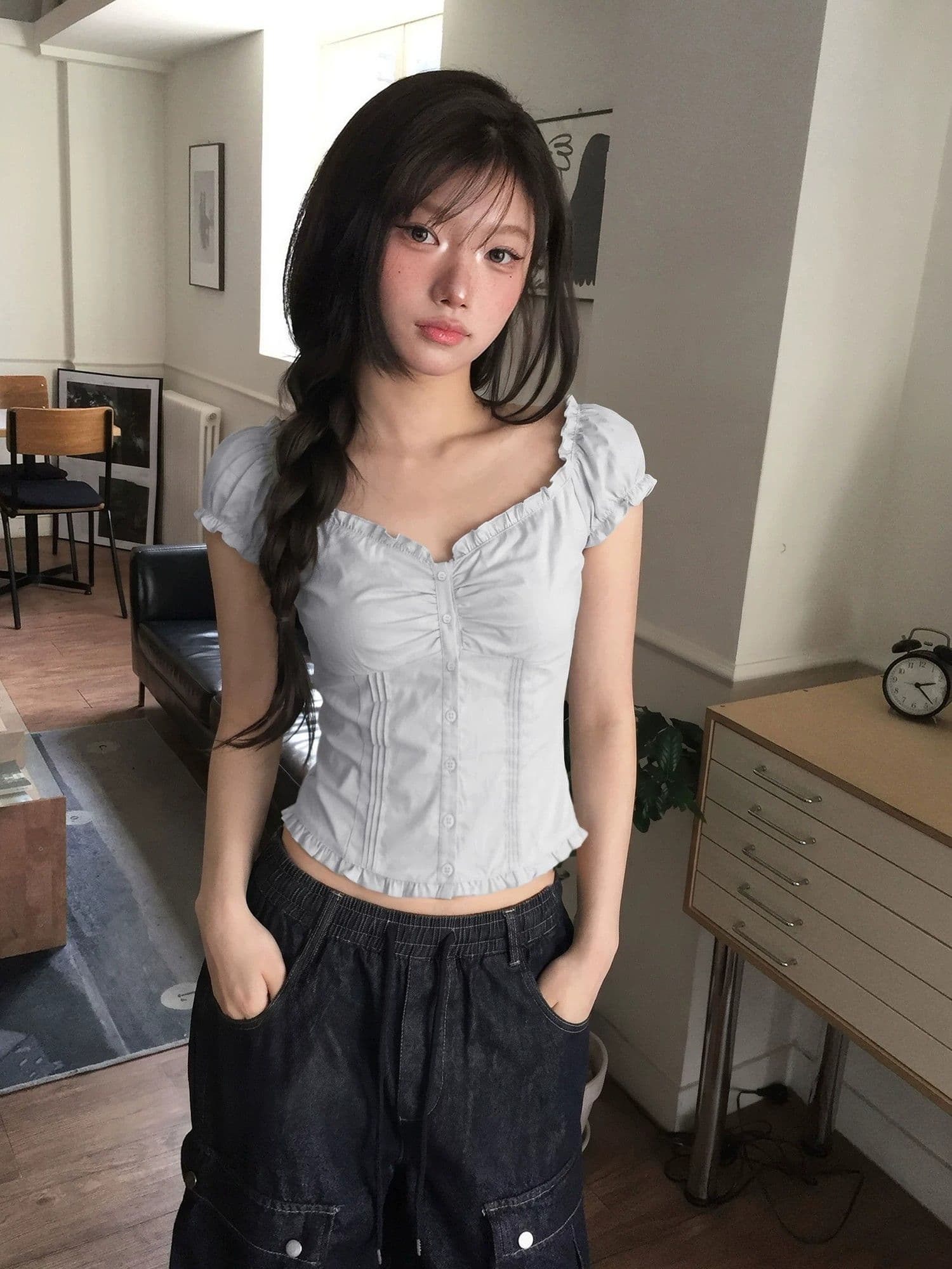 프랑스식 프릴 광장 칼라 거품 소매 셔츠 반팔 티셔츠 여성 여름 품격 작은 셔츠 몸매 가꾸기 쇼트 스타일 허리 수축 맨위 상세 이미지 12
