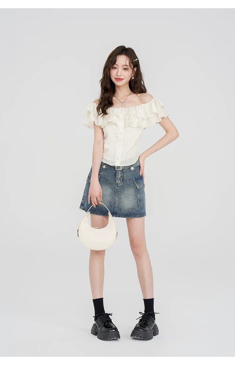 몽골 작은 SEVEN 프랑스식 품격 오프숄더 반팔 여성 셔츠 여름 부드러운 프릴 셔츠 오프숄더 쉬폰 톱 상세 이미지 15