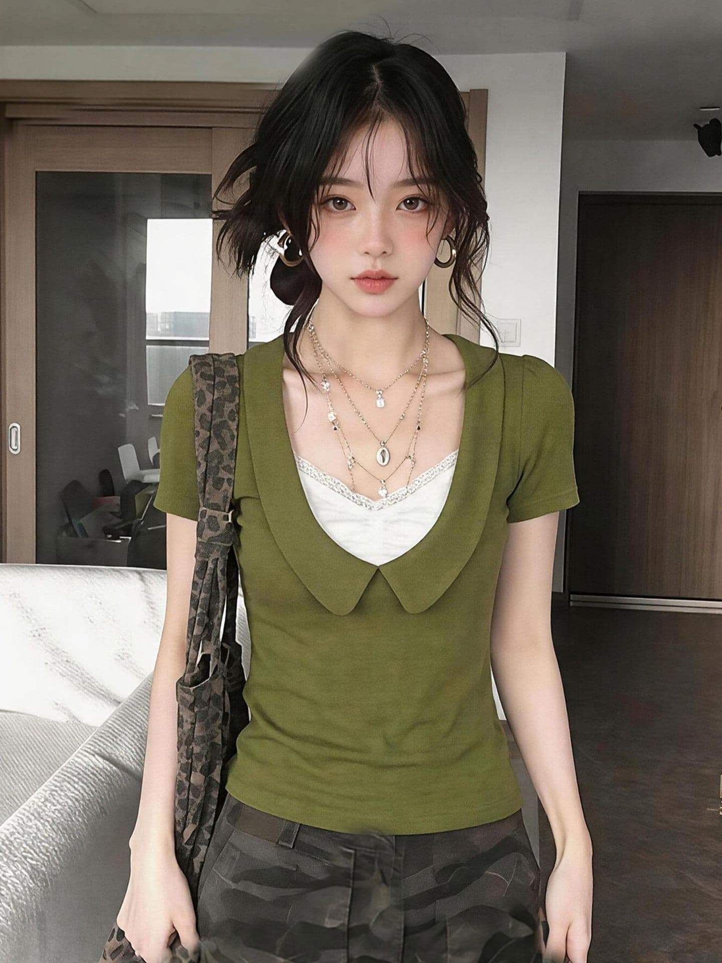 와 사고 방식 260g 녹색 페이크 레이어드 레이스 u 칼라 긍정적 인 어깨 반팔 티셔츠 여성 여름 쇼트 스타일 몸매 가꾸기 핫걸 맨위 상세 이미지 2