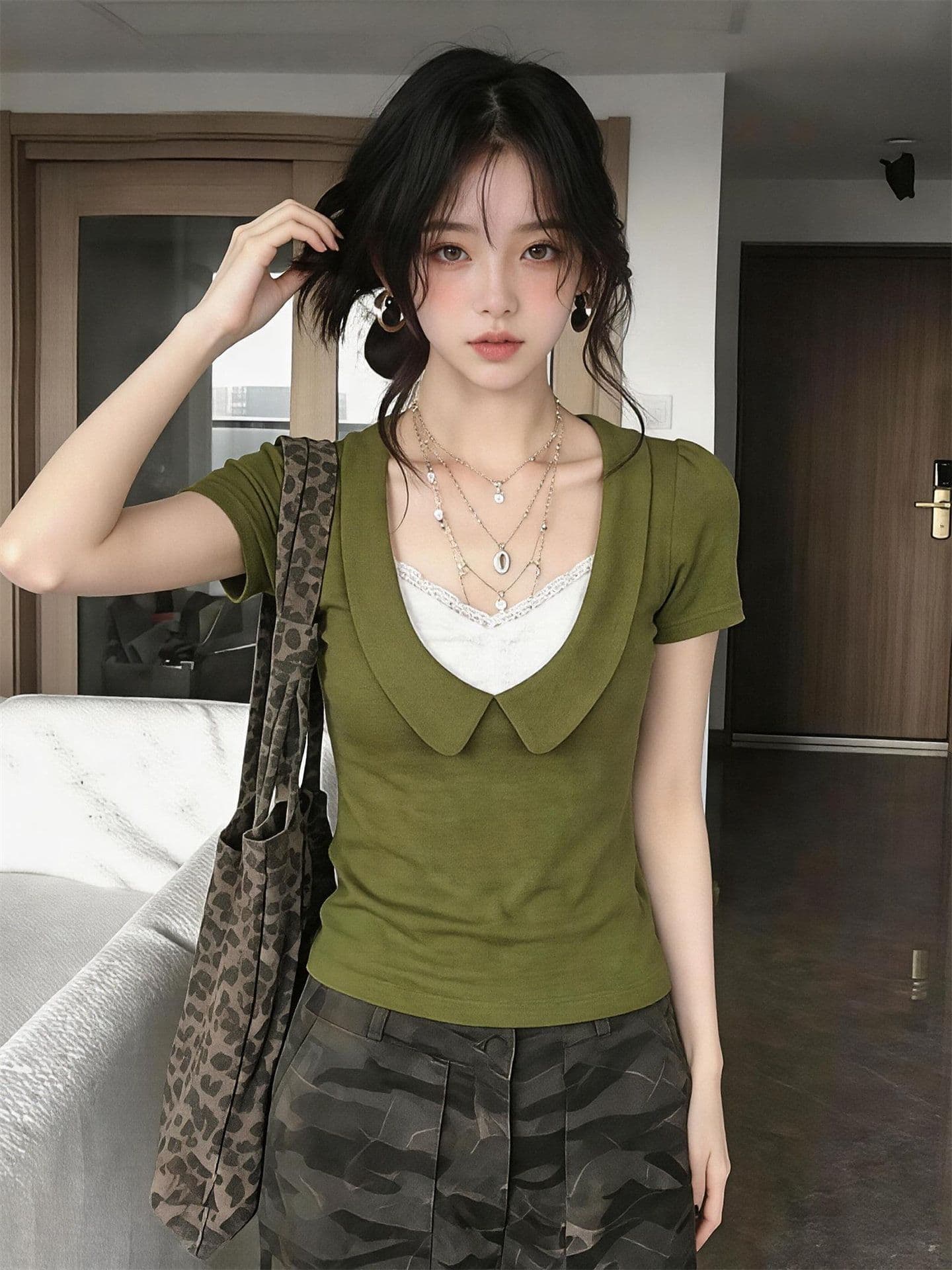 와 사고 방식 260g 녹색 페이크 레이어드 레이스 u 칼라 긍정적 인 어깨 반팔 티셔츠 여성 여름 쇼트 스타일 몸매 가꾸기 핫걸 맨위 상세 이미지 4