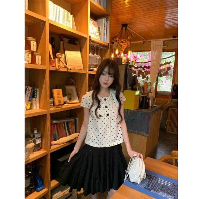 한 부서 레트로 도트 무늬 전체 인쇄 반팔 여성 셔츠 여름 몸매 가꾸기 슬림해 보이는 디자인 센스 캐주얼 맨위 여성 이미지 4