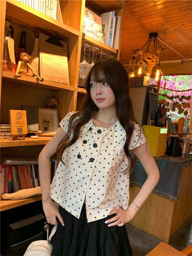 한 부서 레트로 도트 무늬 전체 인쇄 반팔 여성 셔츠 여름 몸매 가꾸기 슬림해 보이는 디자인 센스 캐주얼 맨위 여성 상세 이미지 7