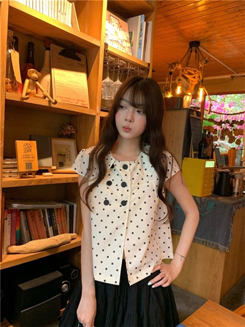 한 부서 레트로 도트 무늬 전체 인쇄 반팔 여성 셔츠 여름 몸매 가꾸기 슬림해 보이는 디자인 센스 캐주얼 맨위 여성 상세 이미지 8