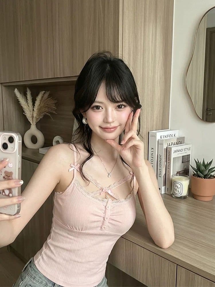 원본 원단 품질 핑크색 달콤한 자매 레이스 캐미솔 여름 작은 키 몸매 가꾸기 고유 한 아름다운 맨위 상세 이미지 4