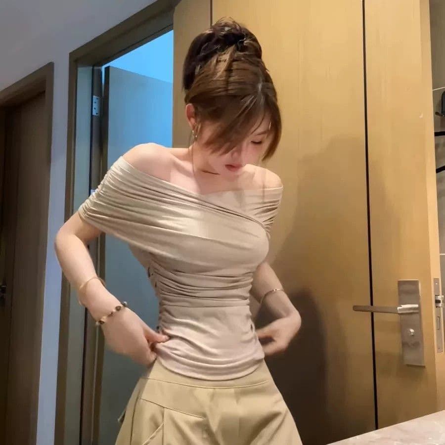 260 그램 사람들 면 디자인 센스 오프숄더 맨위 여성 여름 한 부서 펌프 Pleat 슬림해 보이는 반팔 몸매 가꾸기 핫걸 티셔츠 상세 이미지 2