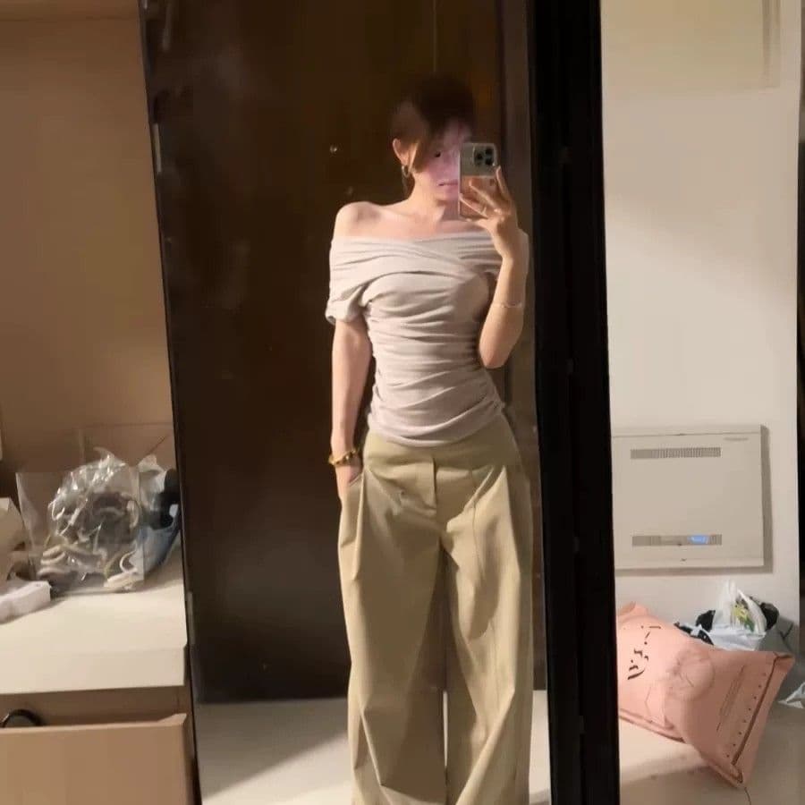 260 그램 사람들 면 디자인 센스 오프숄더 맨위 여성 여름 한 부서 펌프 Pleat 슬림해 보이는 반팔 몸매 가꾸기 핫걸 티셔츠 상세 이미지 3