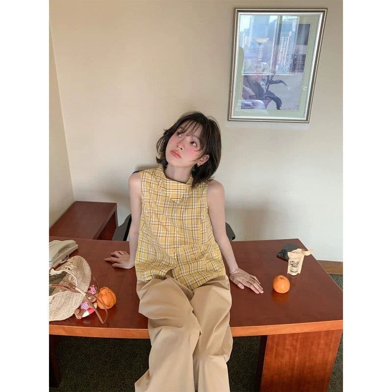 안녕하세요. 대포 디자인 센스 폴로 칼라 민소매 여성 셔츠 여름 새로운 체크무늬 작은 셔츠 캐주얼 다용도 맨위 트렌디 이미지 2