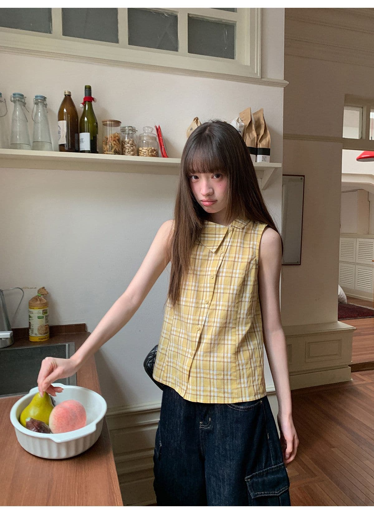 안녕하세요. 대포 디자인 센스 폴로 칼라 민소매 여성 셔츠 여름 새로운 체크무늬 작은 셔츠 캐주얼 다용도 맨위 트렌디 상세 이미지 3