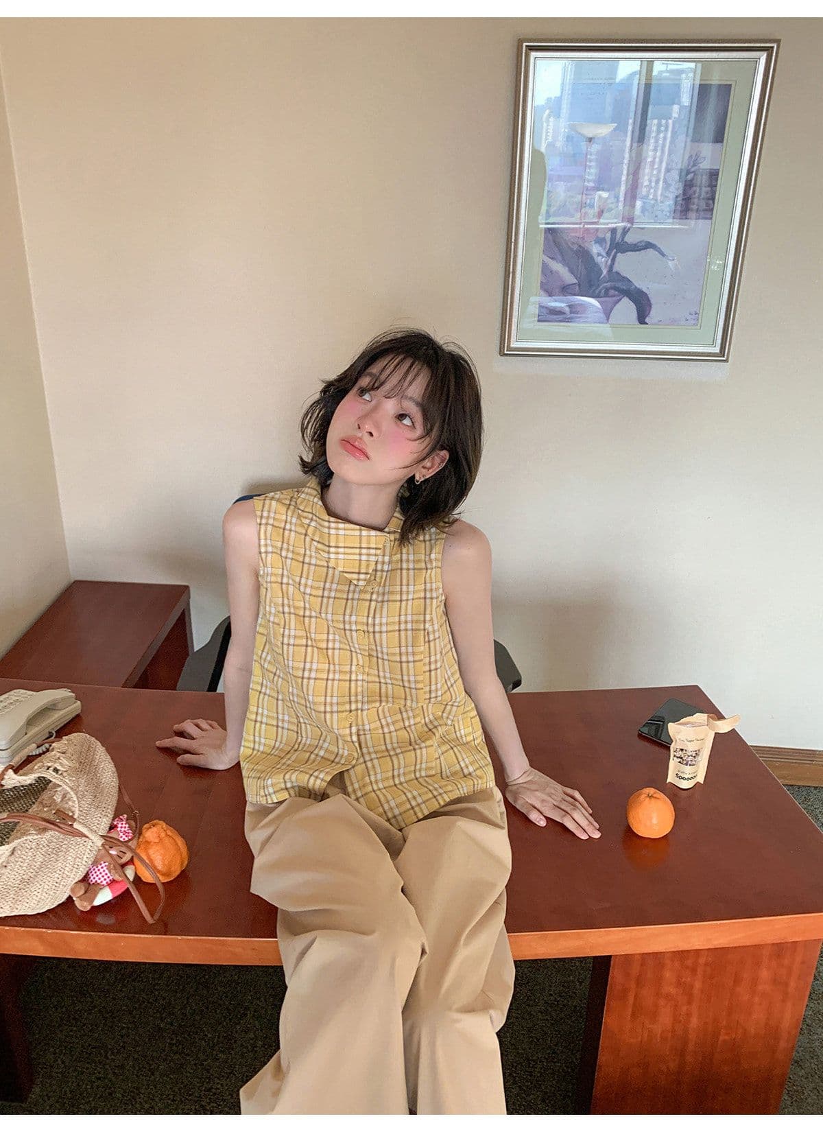 안녕하세요. 대포 디자인 센스 폴로 칼라 민소매 여성 셔츠 여름 새로운 체크무늬 작은 셔츠 캐주얼 다용도 맨위 트렌디 상세 이미지 9
