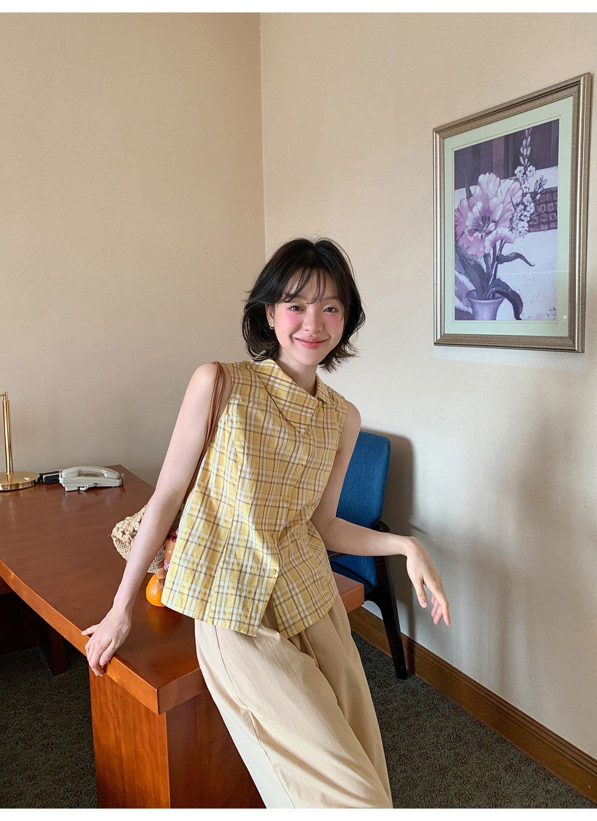 안녕하세요. 대포 디자인 센스 폴로 칼라 민소매 여성 셔츠 여름 새로운 체크무늬 작은 셔츠 캐주얼 다용도 맨위 트렌디 상세 이미지 10