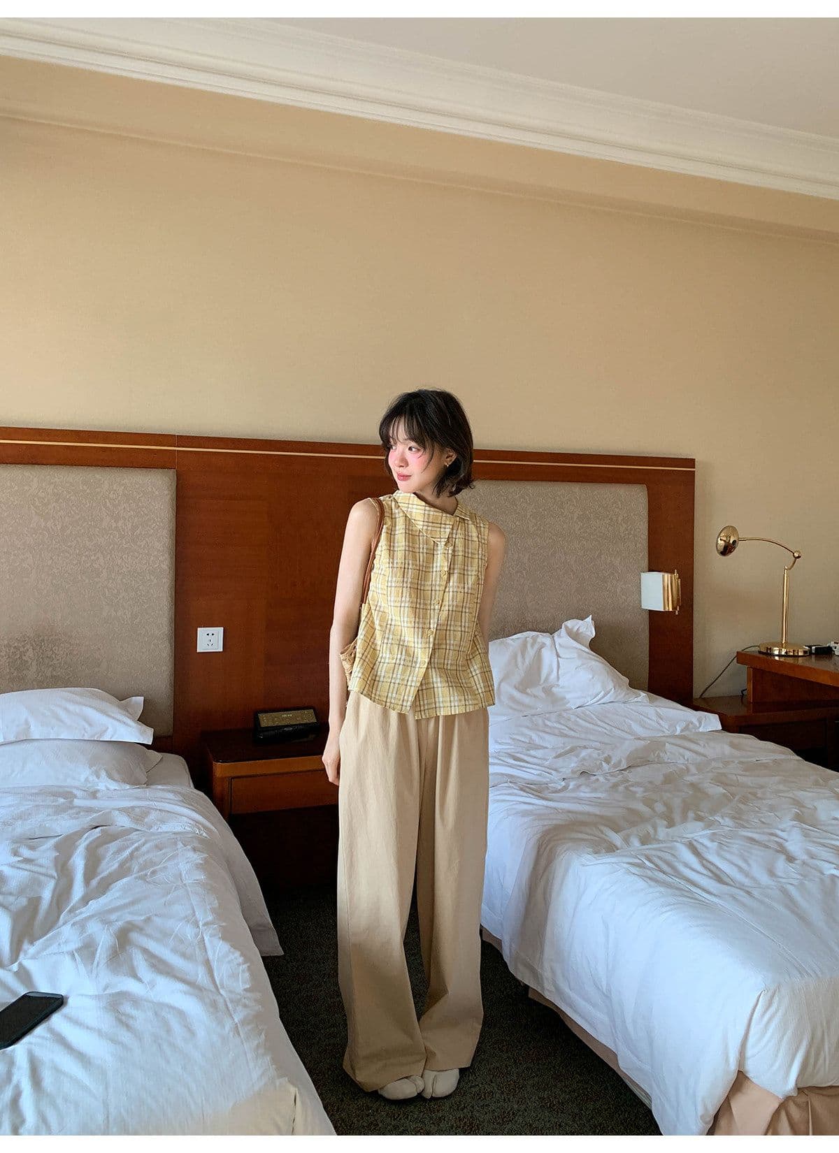 안녕하세요. 대포 디자인 센스 폴로 칼라 민소매 여성 셔츠 여름 새로운 체크무늬 작은 셔츠 캐주얼 다용도 맨위 트렌디 상세 이미지 11