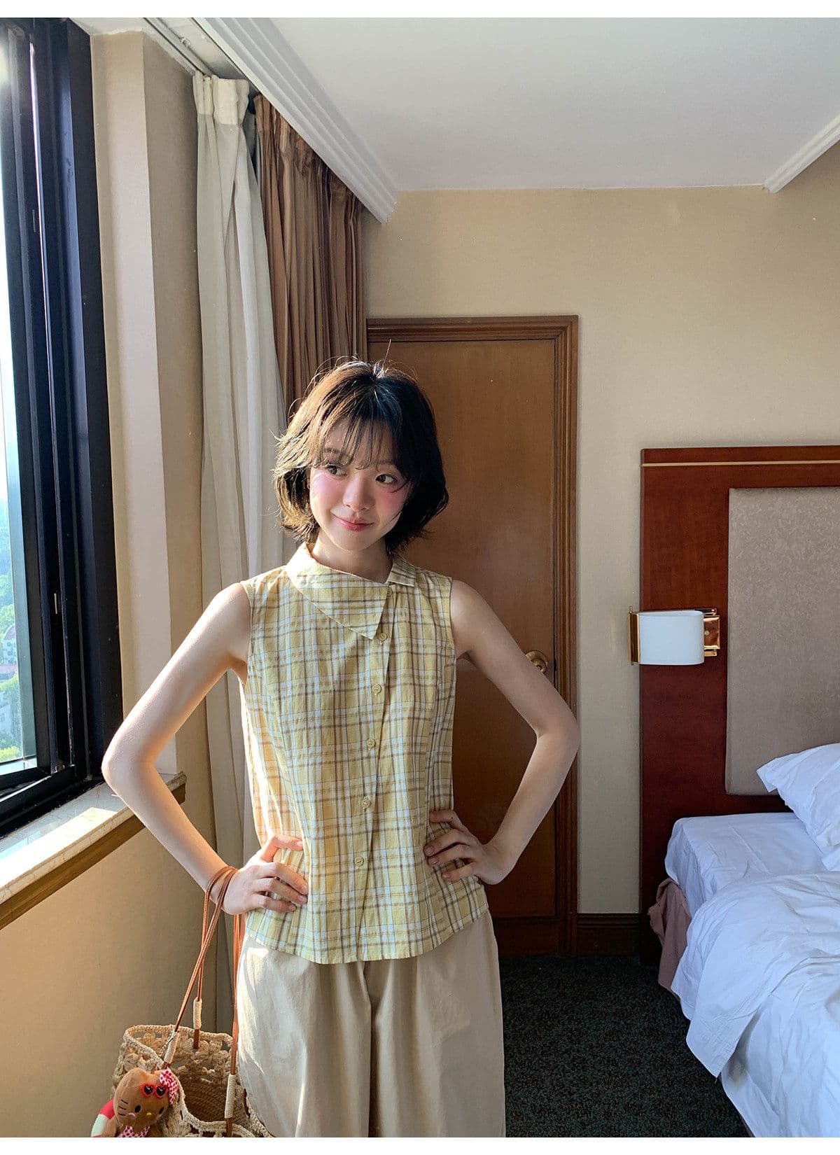 안녕하세요. 대포 디자인 센스 폴로 칼라 민소매 여성 셔츠 여름 새로운 체크무늬 작은 셔츠 캐주얼 다용도 맨위 트렌디 상세 이미지 13